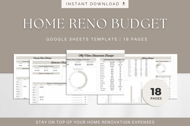 May include: A Google Sheets template for home renovation budgeting. The template includes 18 pages with sections for family room, bathroom, and individual room budgets. The image shows a sample page with a pie chart and a table.
