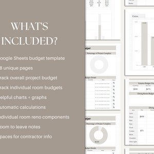 May include: A Google Sheets budget template for home renovation projects. The template includes 18 unique pages, charts, graphs, and spaces for contractor information.  The template helps track overall project budget and individual room budgets.