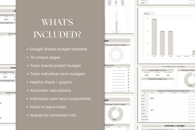 May include: A Google Sheets budget template for home renovation projects. The template includes 18 unique pages, charts, graphs, and spaces for contractor information.  The template helps track overall project budget and individual room budgets.