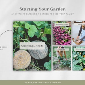 May include: A collage of images showing different gardening methods, including companion planting, raised beds, and starting seeds. The text "Starting Your Garden" and "The New Homesteader's Handbook" is also visible.