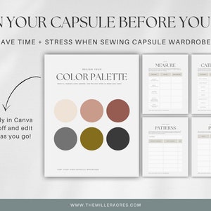 May include: A printable worksheet for planning a capsule wardrobe. The worksheet includes sections for color palette, measurements, categories, patterns, and pieces. The color palette section features six color swatches in shades of beige, pink, brown, gray, gold, and black.