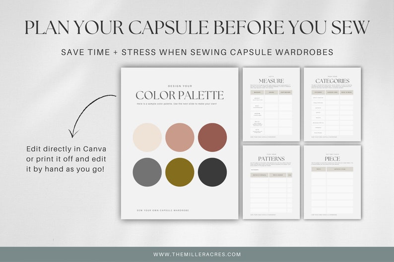 May include: A printable worksheet for planning a capsule wardrobe. The worksheet includes sections for color palette, measurements, categories, patterns, and pieces. The color palette section features six color swatches in shades of beige, pink, brown, gray, gold, and black.