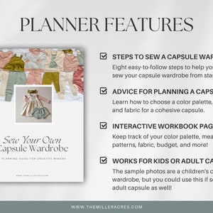 May include: A planner guide for sewing your own capsule wardrobe. The cover features a photo of a collection of children's clothing in neutral colors. The title of the planner is "Sew Your Own Capsule Wardrobe: A Planning Guide for Creative Makers".