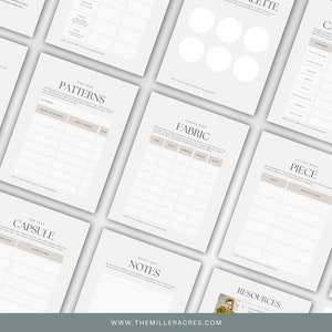 May include: A printable worksheet set for planning a sewing capsule wardrobe. The worksheets include sections for categories, patterns, fabric, notes, resources, and a capsule sewing piece list.