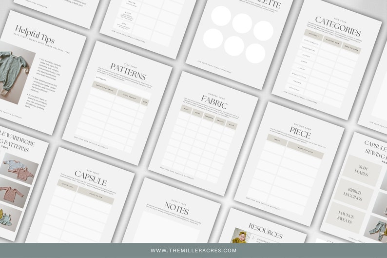 May include: A printable worksheet set for planning a sewing capsule wardrobe. The worksheets include sections for categories, patterns, fabric, notes, resources, and a capsule sewing piece list.