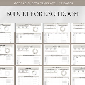 May include: A Google Sheets template for budgeting for each room in a house. The template includes a budget summary, a breakdown of expenses, and a pie chart to visualize the percentage of budget spent. The template is designed for 18 pages.