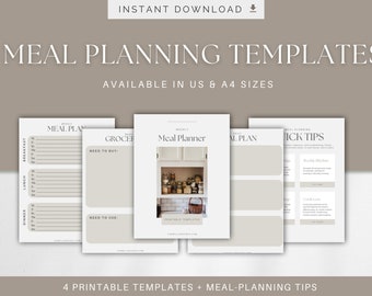 May include: Four printable meal planning templates in US and A4 sizes. The templates include a weekly meal planner, a grocery list, a meal plan, and meal planning tips. The templates are designed in a minimalist style with a neutral color palette.