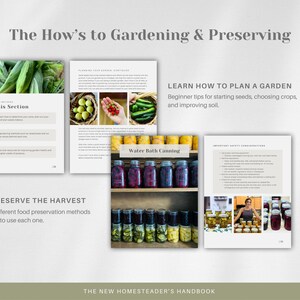 May include: A book cover with the title "The How's to Gardening & Preserving". The cover features images of fresh produce, jars of canned goods, and a person canning. The book is a guide to gardening and preserving food.