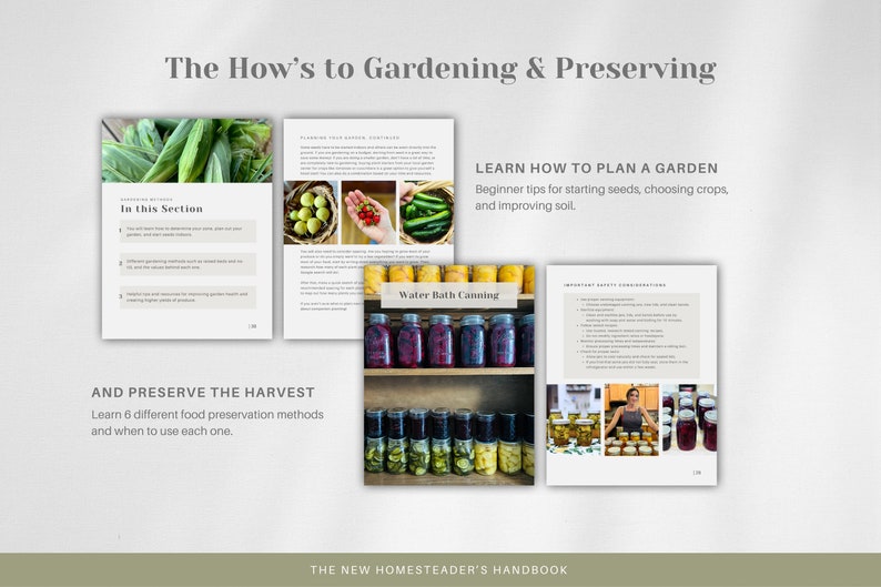 May include: A book cover with the title "The How's to Gardening & Preserving". The cover features images of fresh produce, jars of canned goods, and a person canning. The book is a guide to gardening and preserving food.