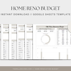 May include: A Google Sheets template for home renovation budgeting. The template includes 18 pages with sections for overall budget overview, individual room budgets, and detailed cost breakdowns. The image shows a sample budget with a total of $45,500, a budget of $22,450, and a remaining budget of $21,050.