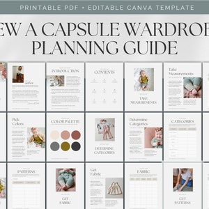 May include: A printable PDF guide with images and text on how to sew a capsule wardrobe. The guide includes sections on taking measurements, choosing colors, patterns, and fabrics.