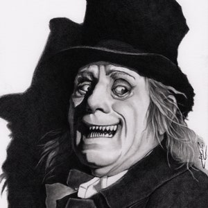 May include: A black and white pencil drawing of a man with a wide, toothy grin. He is wearing a top hat and a dark coat. His expression is sinister and unsettling.