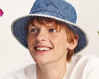 JW Anderson Uniqlo Denim Bucket Hat Unisex One Size Blue Cotton Logo Crochet