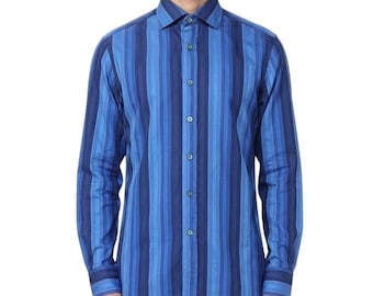 Etro Y2K  Tonal Blue Striped Dress Shirt Men S/M 38 100% Cotton Made in Italy