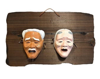 Vintage Japanese Noh Mask Wall Hanging Jo Uba Old Couple Takasago Folk Japan