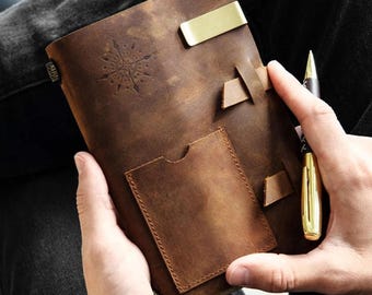 Vtg Genuine Leather Notebook Journal Gift Set Fountain Pen Brown 5x7in Gift Box