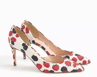 J.Crew D'Orsay Pumps Size 7.5 Berry Print Ivory Red Heels Leather Made in Italy