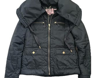 Vintage Y2K Juicy Couture Hooded Puffer Jacket Medium Black Gold Hardware Zipper