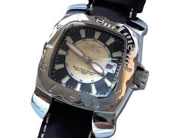 Vtg Y2K Invicta Square Baby Sports Lupah Espadon Silver Swiss Leather Strap