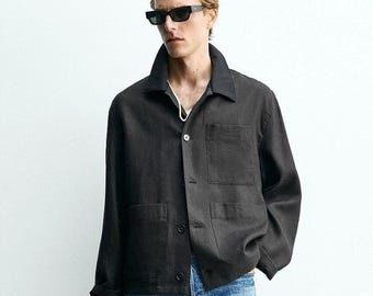 Zara Relaxed Fit Linen Cotton Overshirt Chorecoat Men Medium Black Long Sleeve