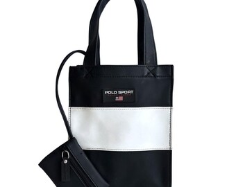 90s Polo Sport Ralph Lauren Rubber Mini Tote Bag Black White Stripe Coin Wallet