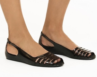 Crocs Isabella Huarache Jelly Sandal Women 7 Black Slip On Peep Toe Slingback