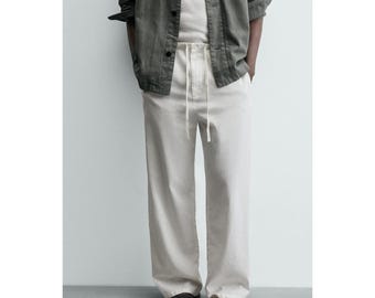 Zara Relaxed Fit 100% Linen Pleated Pants Men Large White Drawstring Trousers