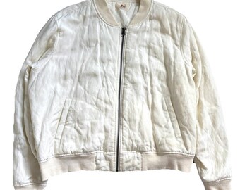 Marine Layer Linen Quilted Bomber Zip Jacket Women XL White Ivory Tencel Ribbed