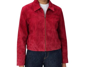 Vtg Coldwater Creek Suede Leather Jacket Zip Front Women XL 2XL Red Cropped Boxy
