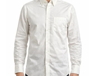 Vintage 70s Van Heusen Cotton Poly Button Down Dress Shirt M Cream Made in USA