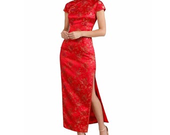 Vestido largo Qipao chino vintage para mujer, talla S/M, rojo, mezcla de seda, brocado, dragón, boda