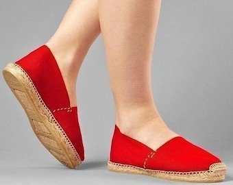 Spanische Espadrille Slip-On Flache Schuh Damen 8.5 Rot Canvas Jute Made in Spain
