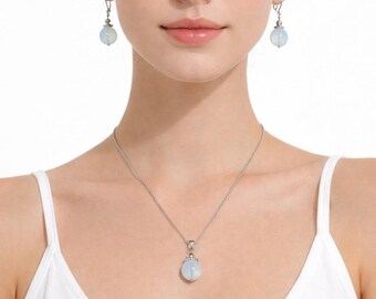 Hebes by Chloe Crystal Opalite Jade Necklace & Earrings Set S925 Sterling Silver