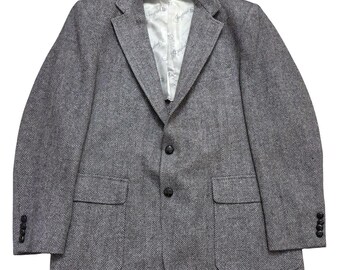 Vtg 80s Haggar Herringbone Tweed Blazer Men 42R Gray Wool Preppy Made in USA