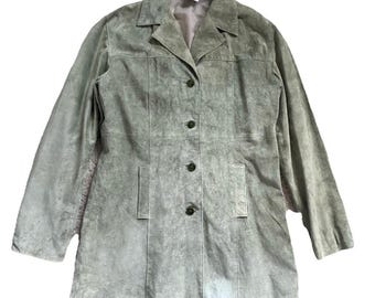 Vtg 90s 100% Suede Leather Trench Coat Women L Mint Green Blazer Prada Gucci