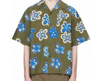 Marni Uniqlo Oversize Floral Camp Collar Short Sleeve Shirt Men L Green Cotton
