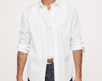 Banana Republic Standard Fit Washed Cotton Poplin Dress Shirt Men L White Soft