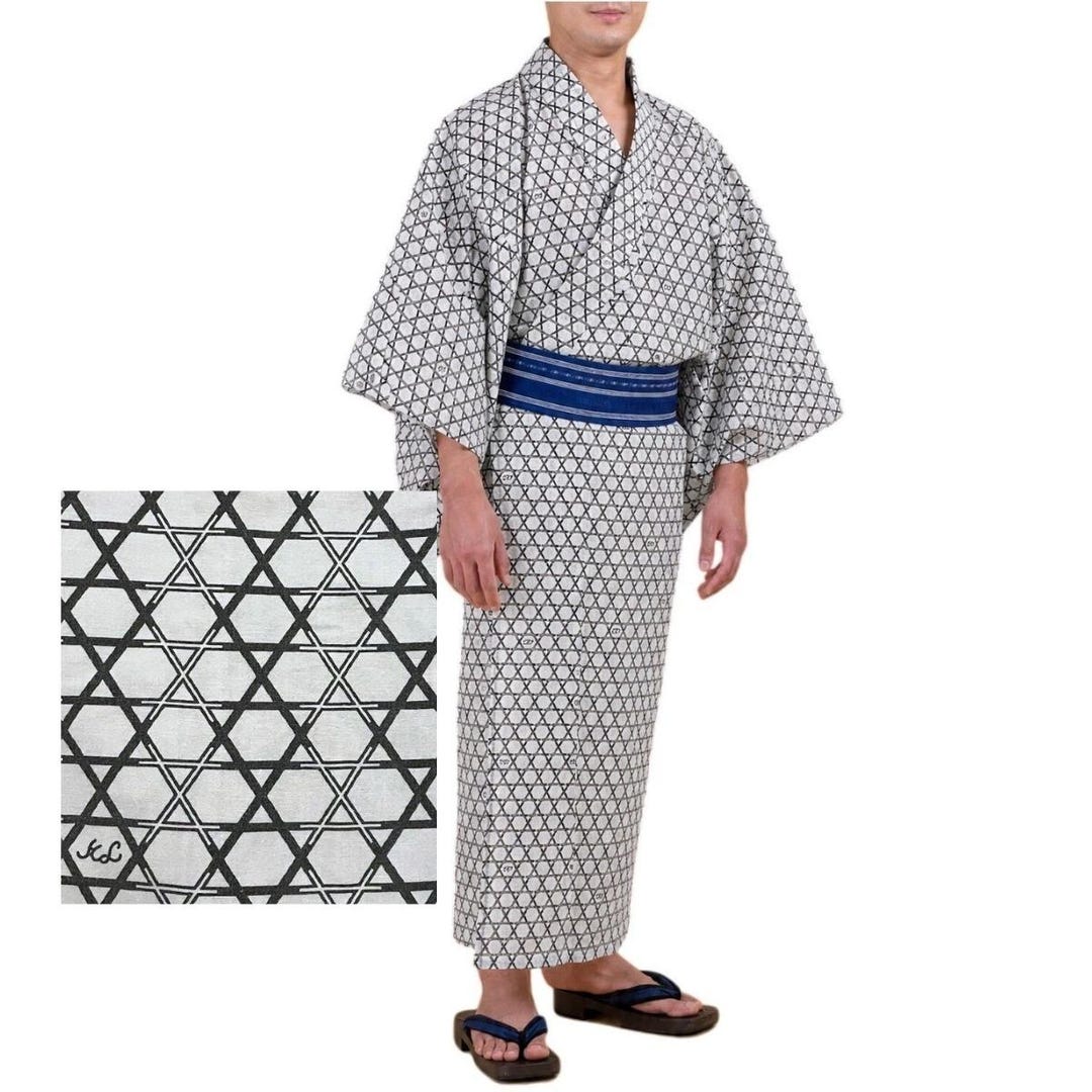 Vintage Men Japanese Yukata Robe 49in Cotton Kimono Asanoha Geometric ...