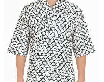 Vintage Men Japanese Yukata Robe 49in Cotton Kimono Asanoha Geometric Made Japan