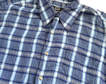 Camisa de vestir vintage Ike Behar 100% lino para hombre, talla grande, cuadros azules, corte relajado, hecha en EE. UU.
