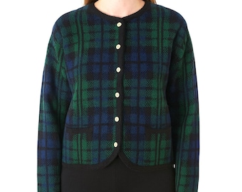 Vintage 80s Tally-Ho 100% Wool Knit Crewneck Cardigan Women L Tartan Plaid Green