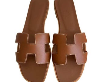 Hermes Oran Leather Sandal Women US 9.5 EU 40 Brown Gold H Cutout Calfskin Italy