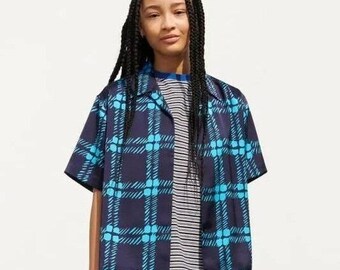 Marni Uniqlo Camp Collar Short Sleeve Shirt Women M Blue Plaid Checkered Boxy
