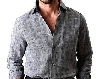 Camisa de vestir de lino ajustada Banana Republic para hombre, talla L, color gris, estampado Glen Plaid, algodón.