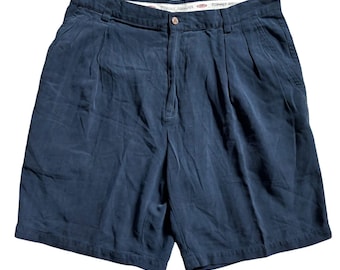 Tommy Bahama 100% Silk Pleated Herringbone Shorts Men 36 Navy Blue 9in Relaxed