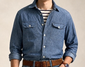 Y2K Ralph Lauren Denim & Supply Chambray Workshirt Men S Blue 100% Cotton Lined