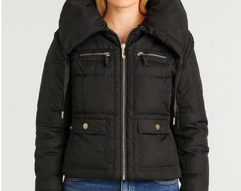 Vintage Y2K Juicy Couture Hooded Puffer Jacket Medium Black Gold Hardware Zipper