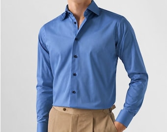 Eton Solid Signature Cotton Twill Dress Shirt Men 17.5/44 XL Blue Navy Buttons