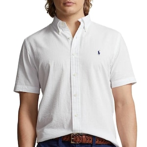 Camisa vintage Ralph Lauren de manga corta con botones para hombre, talla XXL, de algodón popelín blanco con estampado de pony.