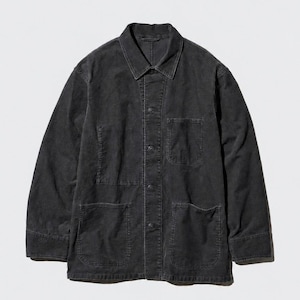 May include: A charcoal gray long-sleeve jacket featuring a classic collar, a front button-down closure, one chest pocket on the left side, and two large patch pockets at the bottom. The garment is constructed with visible stitching details.